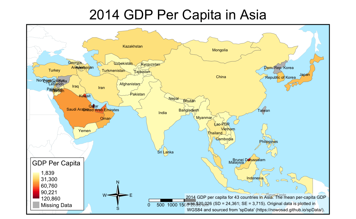 This map displays 2014 GDP per capita for 43 countries in Asia. 4 countries were omitted due to mising data: the Democratic People's Republic of Korea, Northern Cyprus, Syria, and Taiwan. The maximum per-capita GDP is $120,860 in Qatar, and the minimum per-capita GDP is $1,839 in Afghanistan. The mean per-capita GDP is $20,026, and the median per-capita GDP is $10,650 (SD = 24,361; SE = 3,715). Only 4 countries measured per-capita GDP above $50,000. Per-capita GDP is rounded to the nearest whole number. Original world country polygon data is plotted in WGS84 and sourced from [spData](<https://nowosad.github.io/spData/>).